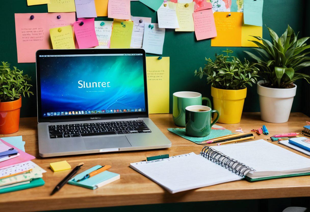 A whimsical workspace filled with colorful stationery, an open laptop showcasing a blog post, light bulbs and thought bubbles representing ideas floating around, plants for a touch of nature, and a cozy mug of coffee. vibrant colors. super-realistic.