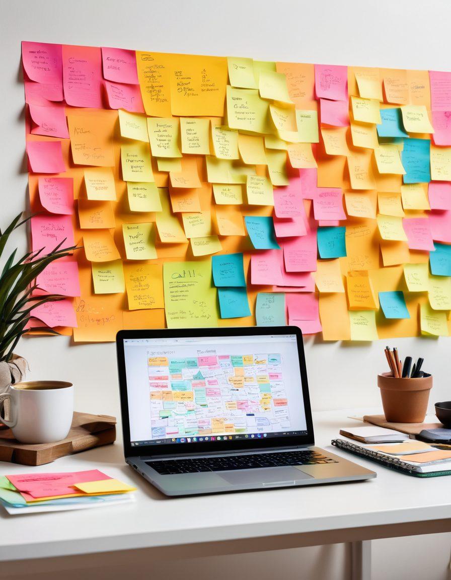 A vibrant workspace filled with colorful sticky notes, a laptop with an open blog article, and a cup of coffee steaming next to it. In the background, a wall displays a creative mind map of ideas evolving into impactful content. The scene radiates energy and inspiration, showcasing the journey from concept to creation. super-realistic. bright colors. minimalist style.